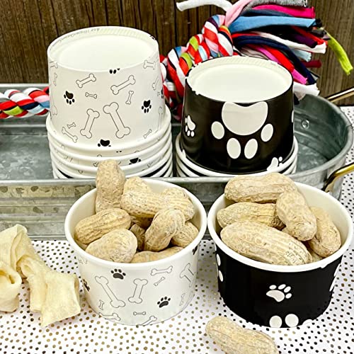 Dog Birthday Party Treat Kit - 4 Ounce Black and White Paw Print and Dog Bone Mini Paper Treat Cups - Black and Red Plastic Spoons - Bone Print Paper Straws - Pack for 12