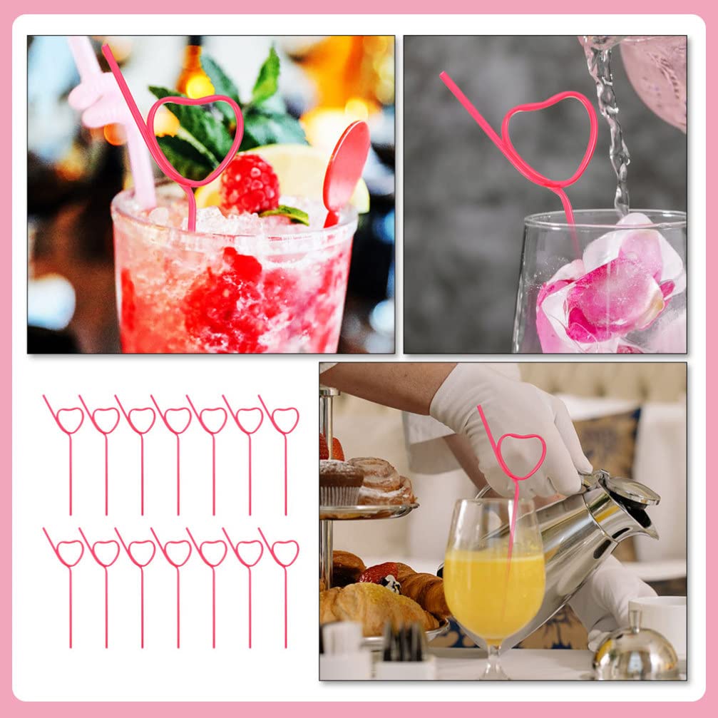 Happyyami 25Pcs Cocktail Plastic Straws Heart Shape Reusable Drinking Straws Long Flexible Straws for Baby Shower Birthday Party Supplies Rosy