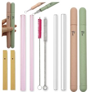 ipretti 2 packs reusable glass drinking boba smoothie straws with wheat straw portable cases,cleaning brushes,7mm/12mm x 8.27",bubble tea (clear+pink)