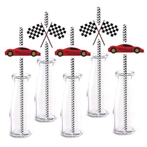 caring car party straw decor, 24-pack race car flag baby shower birthday party decorations, paper decorative straws