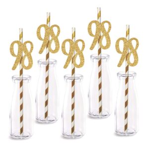 98th birthday paper straw decor, 24-pack real gold glitter cut-out numbers happy 98 years party decorative straws