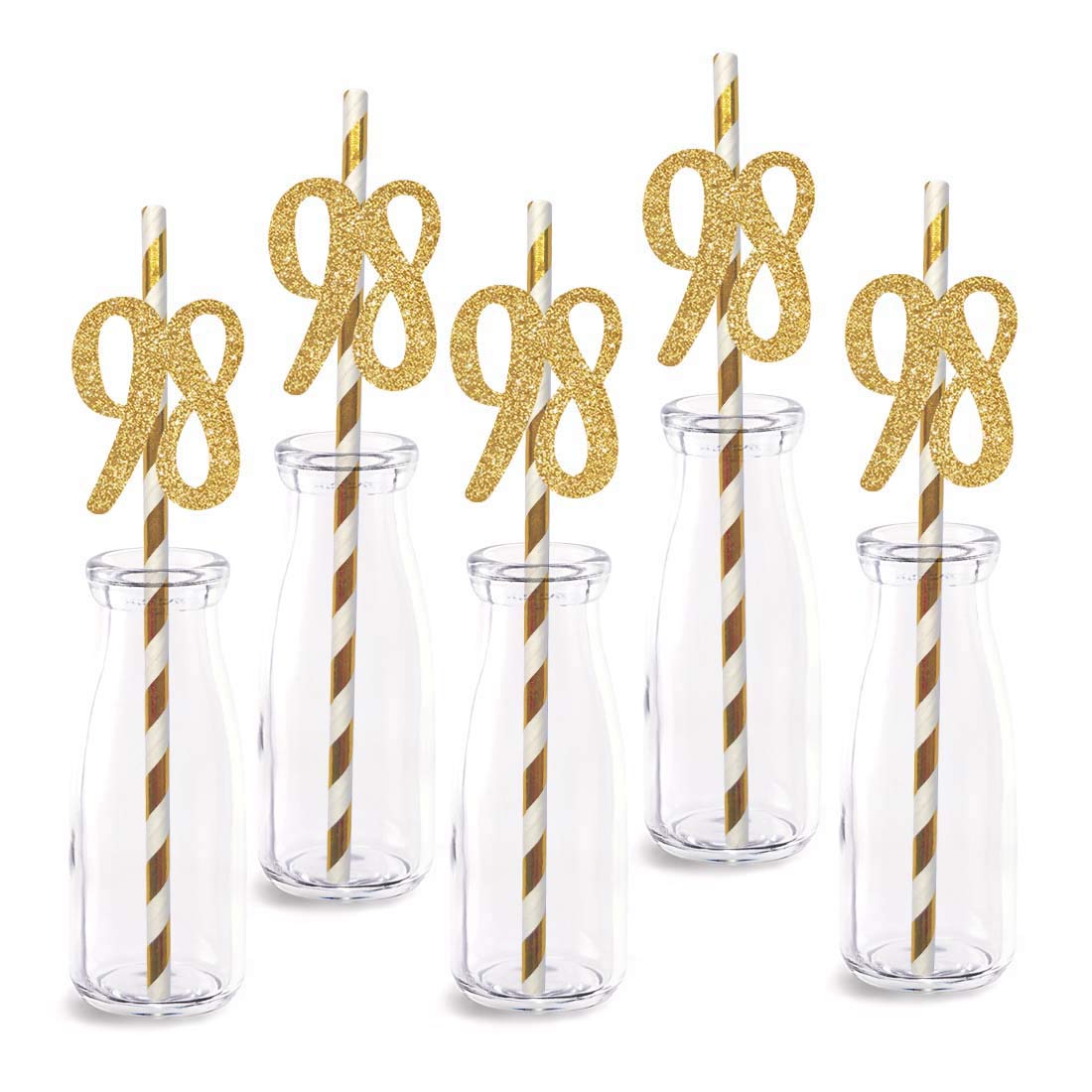 98th Birthday Paper Straw Decor, 24-Pack Real Gold Glitter Cut-Out Numbers Happy 98 Years Party Decorative Straws