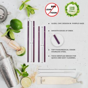 Reusable Stainless Steel Straw Set of 4 - Shorter Lengths (6.5" and 7.5") for Cocktails and Beverages. Travel Case and Cleaning Brush - Perfect for On The Go or Entertaining at Home (Purple Haze)