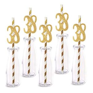 38th birthday paper straw decor, 24-pack real gold glitter cut-out numbers happy 38 years party decorative straws