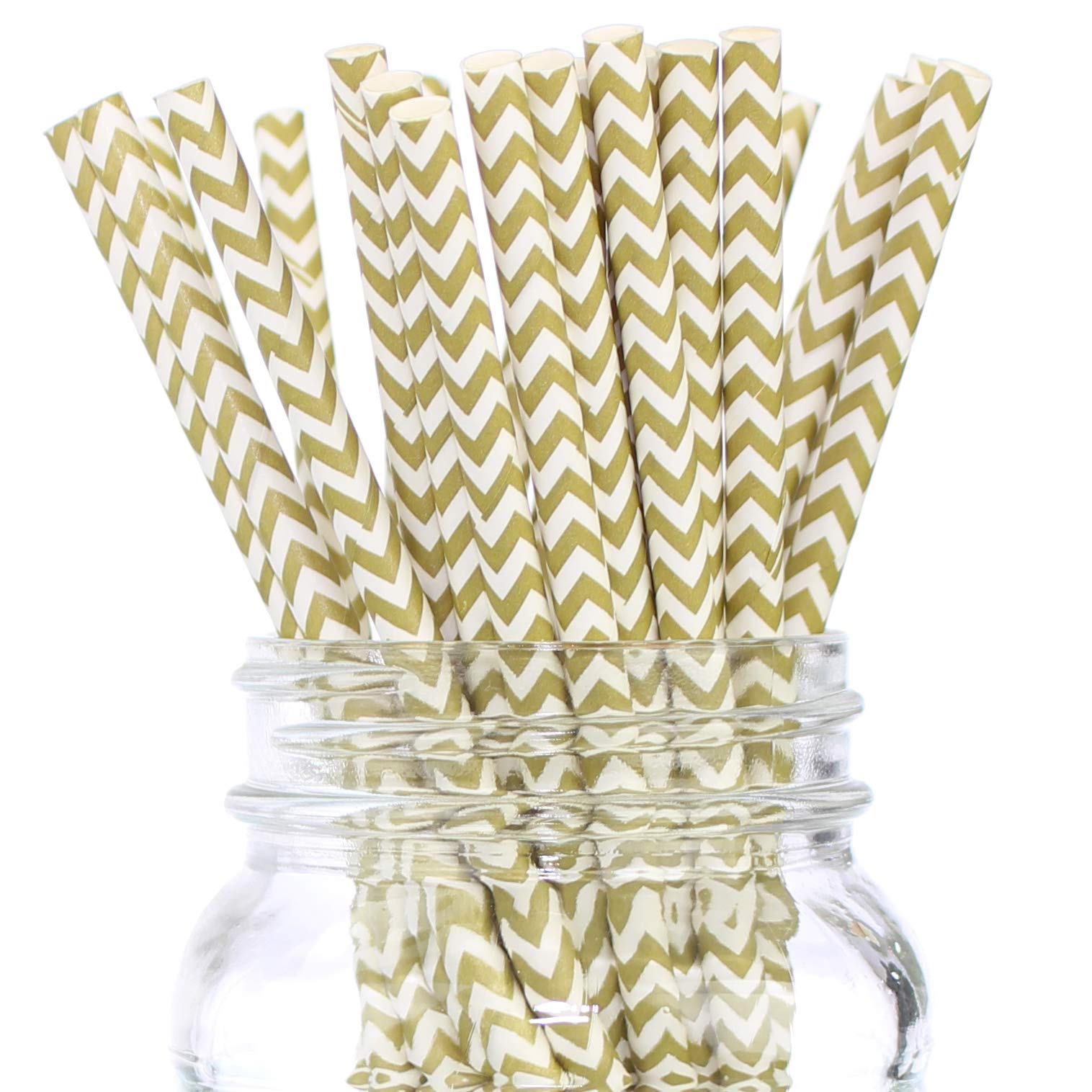 CleverDelights Gold Chevron Paper Straws - 100 Straws - Biodegradable Paper Straws