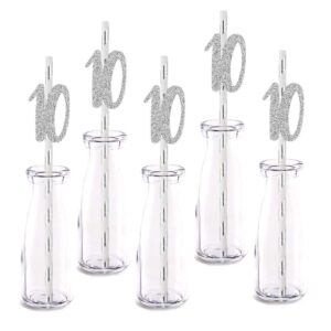 silver happy 10th birthday straw decor, silver glitter 24pcs cut-out number 10 party drinking decorative straws, supplies
