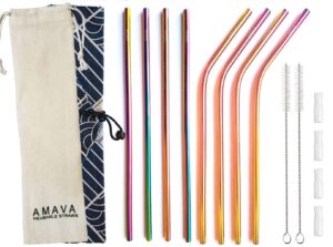 reusable straws set, stainless steel metal, colorful, includes 8 straws, 4 silicone tips, 2 cleaning brushes, and 2 travel pouches, draw string bag and wrap bag for hot & cold drinks