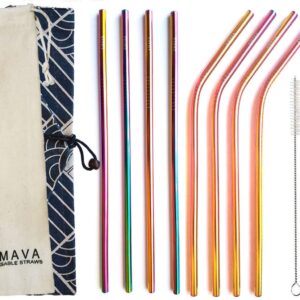 Reusable Straws Set, Stainless Steel Metal, Colorful, Includes 8 Straws, 4 Silicone Tips, 2 Cleaning Brushes, and 2 Travel Pouches, Draw String Bag and Wrap Bag for Hot & Cold Drinks