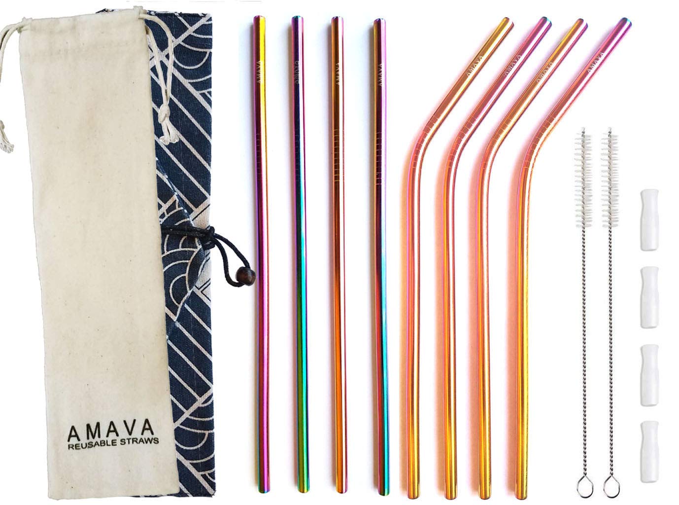 Reusable Straws Set, Stainless Steel Metal, Colorful, Includes 8 Straws, 4 Silicone Tips, 2 Cleaning Brushes, and 2 Travel Pouches, Draw String Bag and Wrap Bag for Hot & Cold Drinks