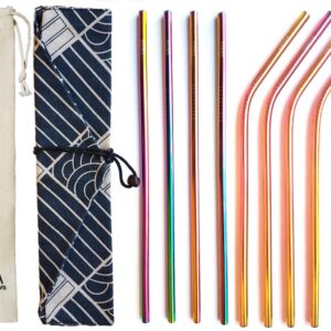 Reusable Straws Set, Stainless Steel Metal, Colorful, Includes 8 Straws, 4 Silicone Tips, 2 Cleaning Brushes, and 2 Travel Pouches, Draw String Bag and Wrap Bag for Hot & Cold Drinks