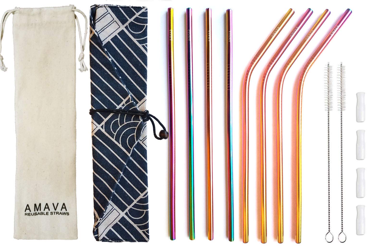 Reusable Straws Set, Stainless Steel Metal, Colorful, Includes 8 Straws, 4 Silicone Tips, 2 Cleaning Brushes, and 2 Travel Pouches, Draw String Bag and Wrap Bag for Hot & Cold Drinks