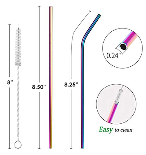 Reusable Straws Set, Stainless Steel Metal, Colorful, Includes 8 Straws, 4 Silicone Tips, 2 Cleaning Brushes, and 2 Travel Pouches, Draw String Bag and Wrap Bag for Hot & Cold Drinks