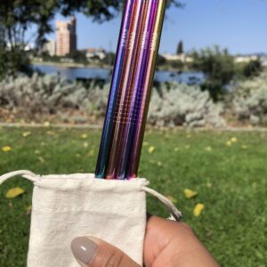 Reusable Straws Set, Stainless Steel Metal, Colorful, Includes 8 Straws, 4 Silicone Tips, 2 Cleaning Brushes, and 2 Travel Pouches, Draw String Bag and Wrap Bag for Hot & Cold Drinks