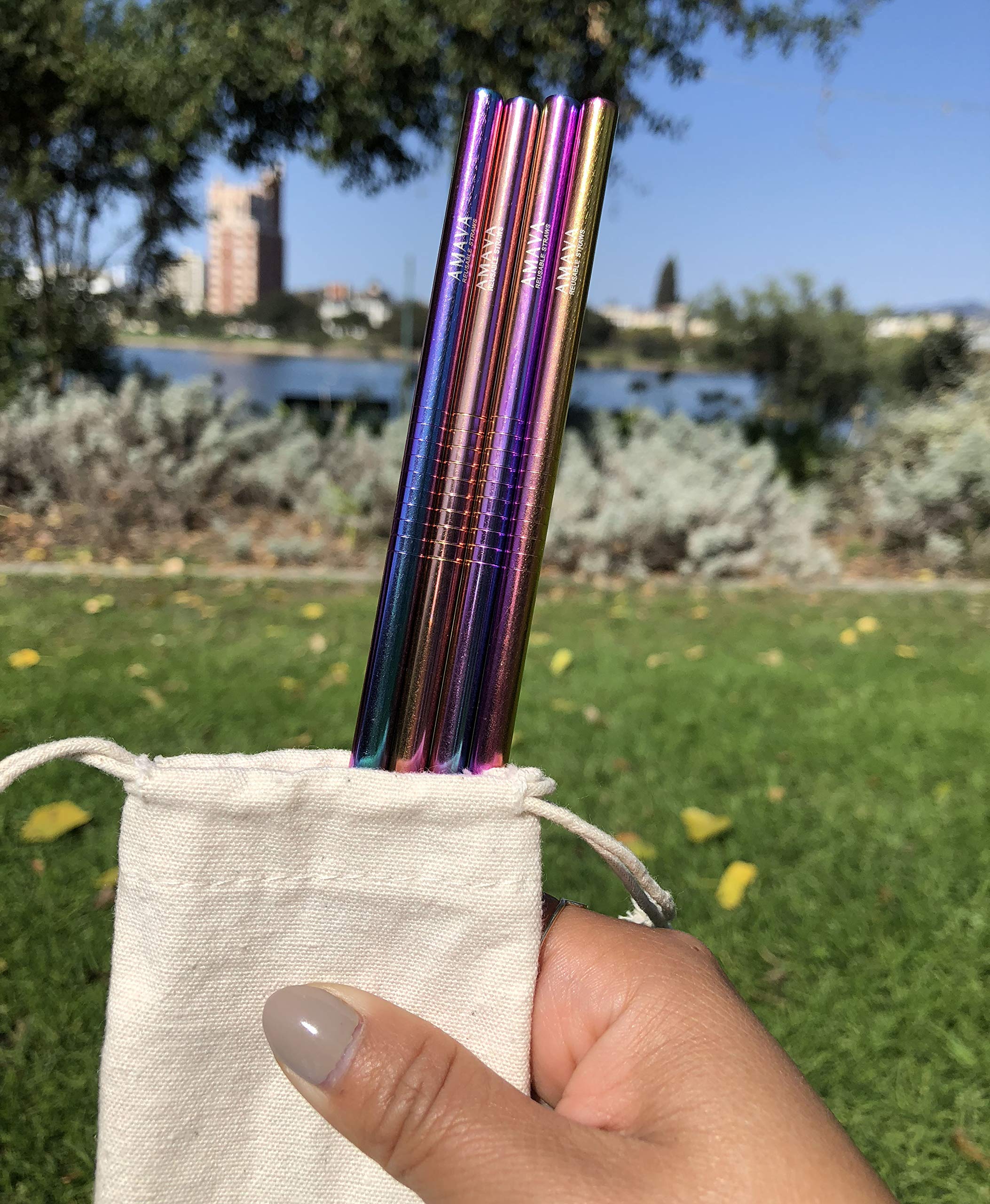 Reusable Straws Set, Stainless Steel Metal, Colorful, Includes 8 Straws, 4 Silicone Tips, 2 Cleaning Brushes, and 2 Travel Pouches, Draw String Bag and Wrap Bag for Hot & Cold Drinks