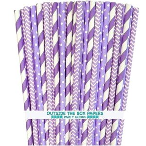 lavender lilac white paper straws chevron polka dot - 7.75 inches - 100 pack - outside the box papers brand