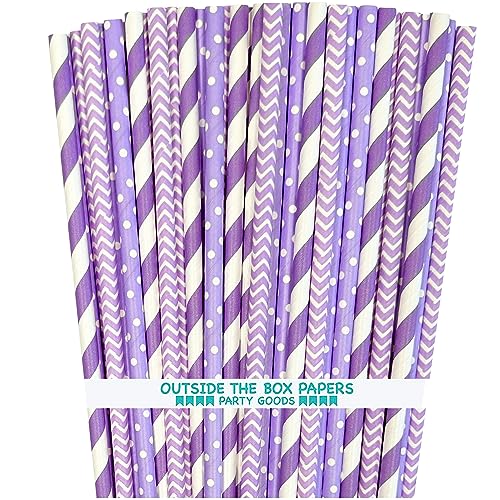 Lavender Lilac White Paper Straws Chevron Polka Dot - 7.75 Inches - 100 Pack - Outside the Box Papers Brand