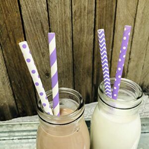 Lavender Lilac White Paper Straws Chevron Polka Dot - 7.75 Inches - 100 Pack - Outside the Box Papers Brand