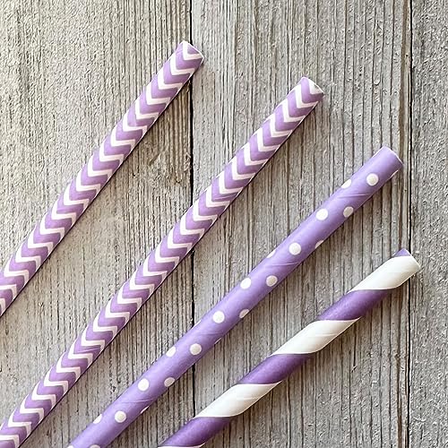 Lavender Lilac White Paper Straws Chevron Polka Dot - 7.75 Inches - 100 Pack - Outside the Box Papers Brand