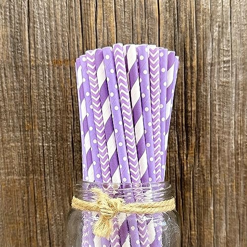 Lavender Lilac White Paper Straws Chevron Polka Dot - 7.75 Inches - 100 Pack - Outside the Box Papers Brand