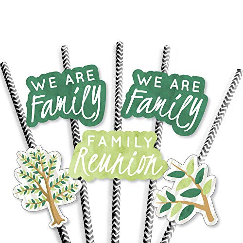 Family Tree Reunion - Paper Straw Decor - Family Gathering Party Striped Decorative Straws - Set of 24