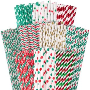 haksen 125pcs christmas paper straws, 10 styles red and green christmas drinking straws stripes christmas straws for drinks party wedding favors diy crafts supplies