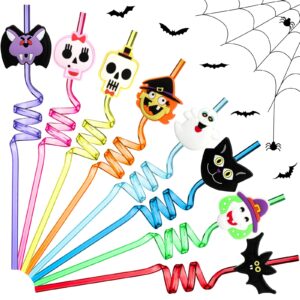 24 pieces halloween straws reusable halloween plastic crazy straws skeleton ghost vampire bat witch black cat silly straws for party decoration supplies birthday party favors 8 styles, 8 colors