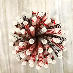 Casino Night Theme Chevron and Card Design Paper Straws - Red Black White - 7.75 Inches - Pack of 100 - Outside the Box Papers Brand