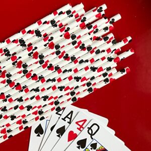 Casino Night Theme Chevron and Card Design Paper Straws - Red Black White - 7.75 Inches - Pack of 100 - Outside the Box Papers Brand