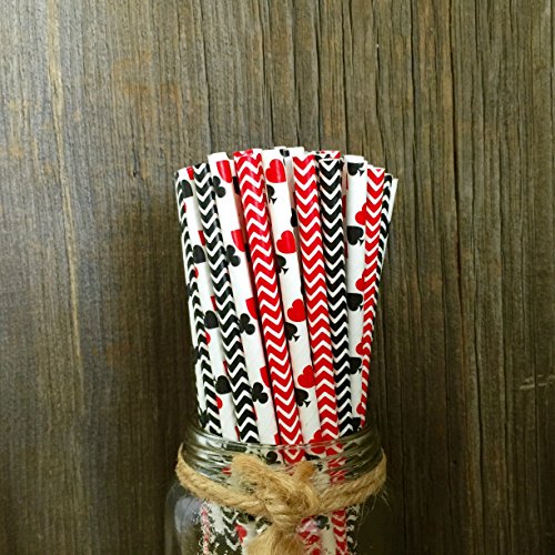 Casino Night Theme Chevron and Card Design Paper Straws - Red Black White - 7.75 Inches - Pack of 100 - Outside the Box Papers Brand