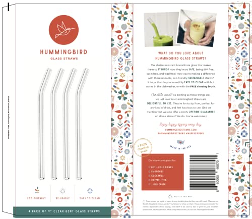 Hummingbird Glass Straws 12 inches x 9.5 mm Bent Reusable Straws (4 Pack of Clear)