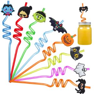 24 pcs halloween party favors halloween straws reusable plastic crazy straws bats pumpkin cat ghost straws with 2 cleaning brush for kids halloween party supplies birthday decoration, 8 styles