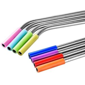 Set of 8pc Reusable Stainless Steel Straws with Travel Case Cleaning Brush Silicone Tips Eco Friendly 8.5" Metal Straws Drinking for 20 24 30 oz Tumbler