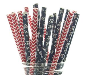 pirate party straws, skull & crossbones skeleton straws (50 pack) - black & red halloween pirate birthday party supplies & table decorations, halloween paper straws