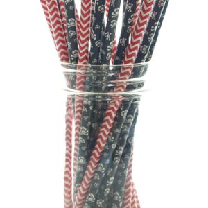 Pirate Party Straws, Skull & Crossbones Skeleton Straws (50 Pack) - Black & Red Halloween Pirate Birthday Party Supplies & Table Decorations, Halloween Paper Straws