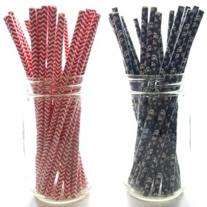 Pirate Party Straws, Skull & Crossbones Skeleton Straws (50 Pack) - Black & Red Halloween Pirate Birthday Party Supplies & Table Decorations, Halloween Paper Straws