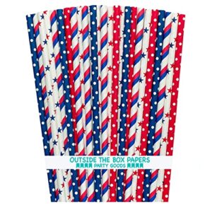 red white and blue paper straws - 4th of july patriotic party supply - stripes stars polka dots - 100 pack outside the box papers brand
