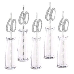silver happy 60th birthday straw decor, silver glitter 24pcs cut-out number 60 party drinking decorative straws, supplies