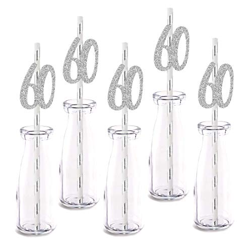 Silver Happy 60th Birthday Straw Decor, Silver Glitter 24pcs Cut-Out Number 60 Party Drinking Decorative Straws, Supplies