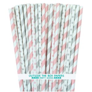 light pink and silver paper straws stripe polka dot - 7.75 inches - 100 pack - outside the box papers brand