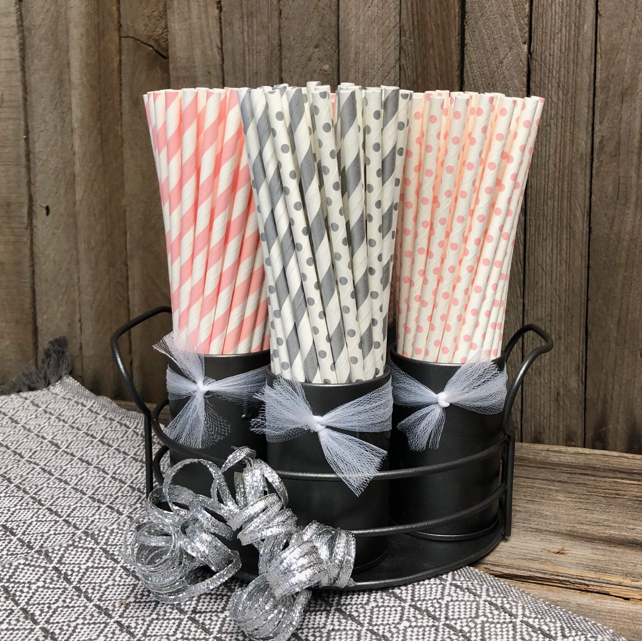 Light Pink and Silver Paper Straws Stripe Polka Dot - 7.75 Inches - 100 Pack - Outside the Box Papers Brand