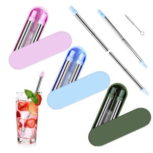 Hoshen Stainless Steel Portable Telescopic Straw, Two-In-One Detachable Telescopic Straw, Detachable, Reusable Straw With Shell, With Cleaning Brush - Deep Pink