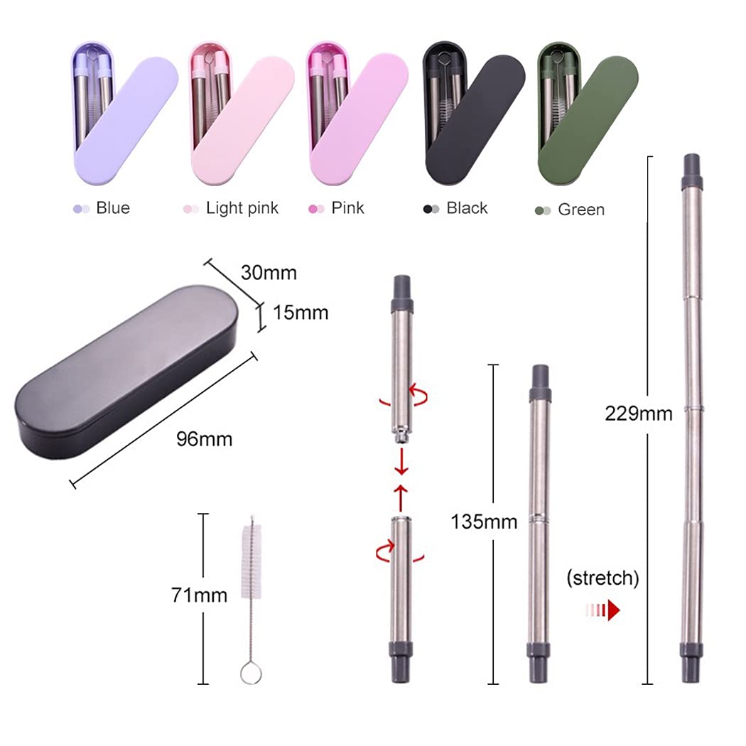 Hoshen Stainless Steel Portable Telescopic Straw, Two-In-One Detachable Telescopic Straw, Detachable, Reusable Straw With Shell, With Cleaning Brush - Deep Pink