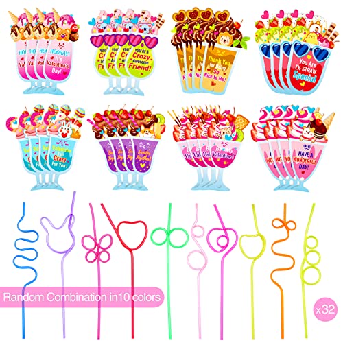 Qpout 32 Pack Valentine’s Day Cards for Kids,Funny Gift Cards with Loops Reusable Drinking Straws for Boys Girls Classroom Exchange Valentines Party Favors and Party Prizes