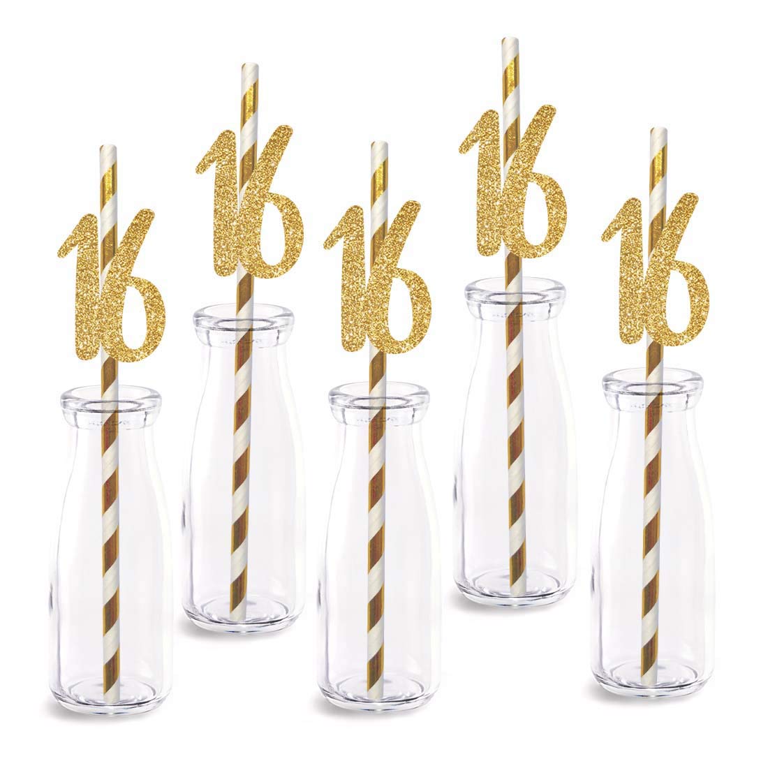 16th Birthday Paper Straw Decor, 24-Pack Real Gold Glitter Cut-Out Numbers Happy 16 Years Party Decorative Straws