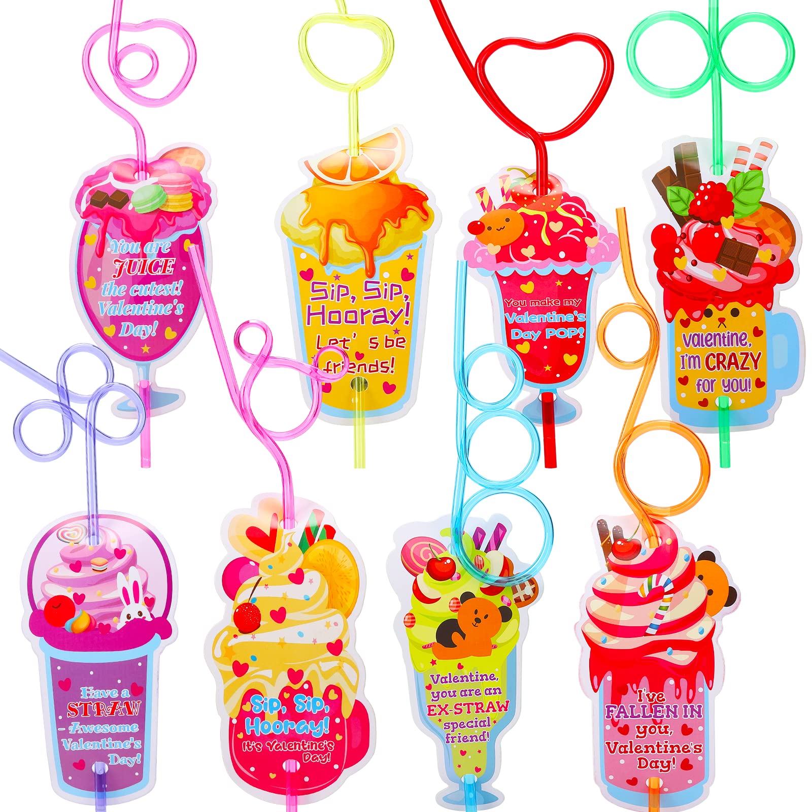 32Pack Valentines Day Cards for Kids, Valentines Greeting Cards(8 Designs)+ Colorful Crazy Loops Reusable Drinking Straws (8 Shapes) for Classroom Gifts Exchange Gift Class Prizes Carnivals Party