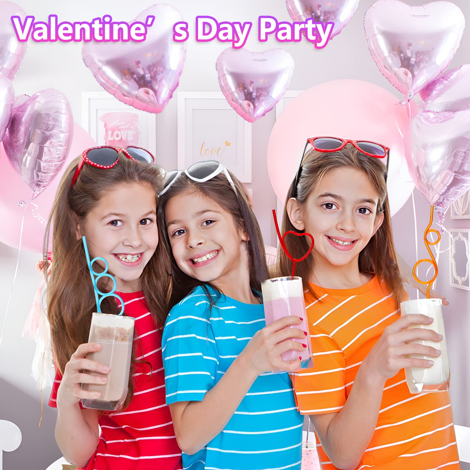 32Pack Valentines Day Cards for Kids, Valentines Greeting Cards(8 Designs)+ Colorful Crazy Loops Reusable Drinking Straws (8 Shapes) for Classroom Gifts Exchange Gift Class Prizes Carnivals Party