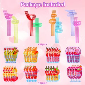 32Pack Valentines Day Cards for Kids, Valentines Greeting Cards(8 Designs)+ Colorful Crazy Loops Reusable Drinking Straws (8 Shapes) for Classroom Gifts Exchange Gift Class Prizes Carnivals Party