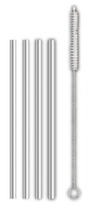 hic kitchen bar reusable cocktail straws, 18/8 stainless steel, set of 4 straws with cleaning brush