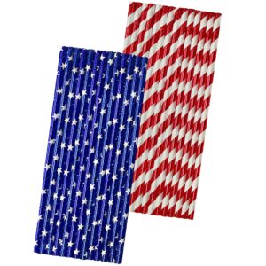 patriotic theme foil paper straws - red white blue party - stars and stripes - 7.75 inches - pack of 50 - outside the box papers brand