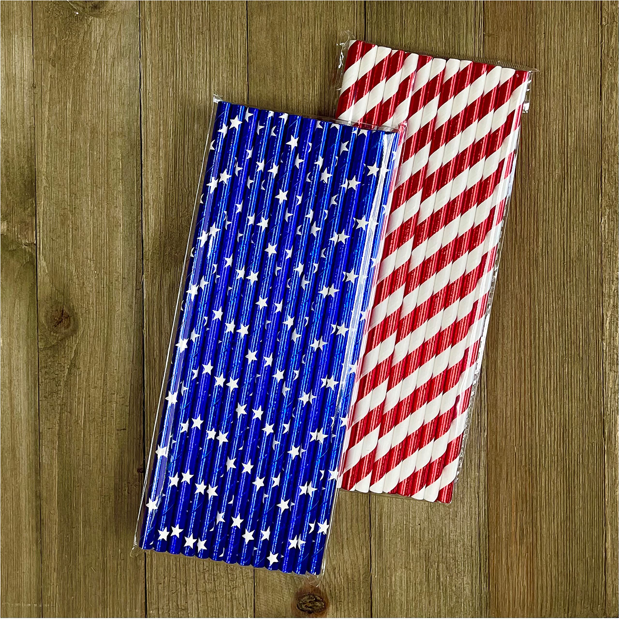 Patriotic Theme Foil Paper Straws - Red White Blue Party - Stars and Stripes - 7.75 Inches - Pack of 50 - Outside the Box Papers Brand